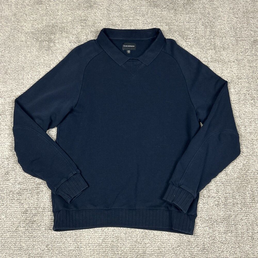 Club Monaco Sweatshirt Mens Large Collared Navy Blue Quiet Luxury Terry Cloth